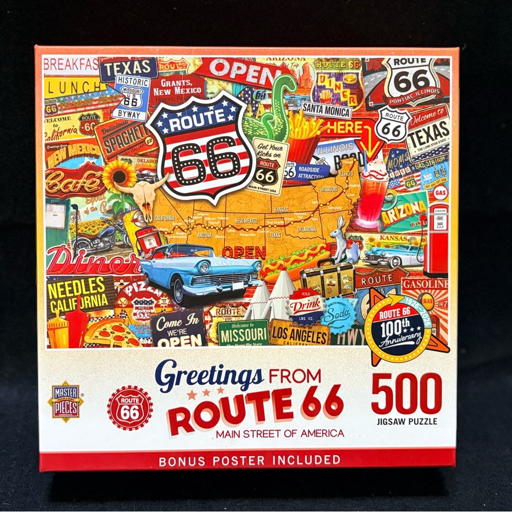 3/$30 | MasterPieces | "Greetings from Route 66" 500pc Jigsaw Puzzle - Complete